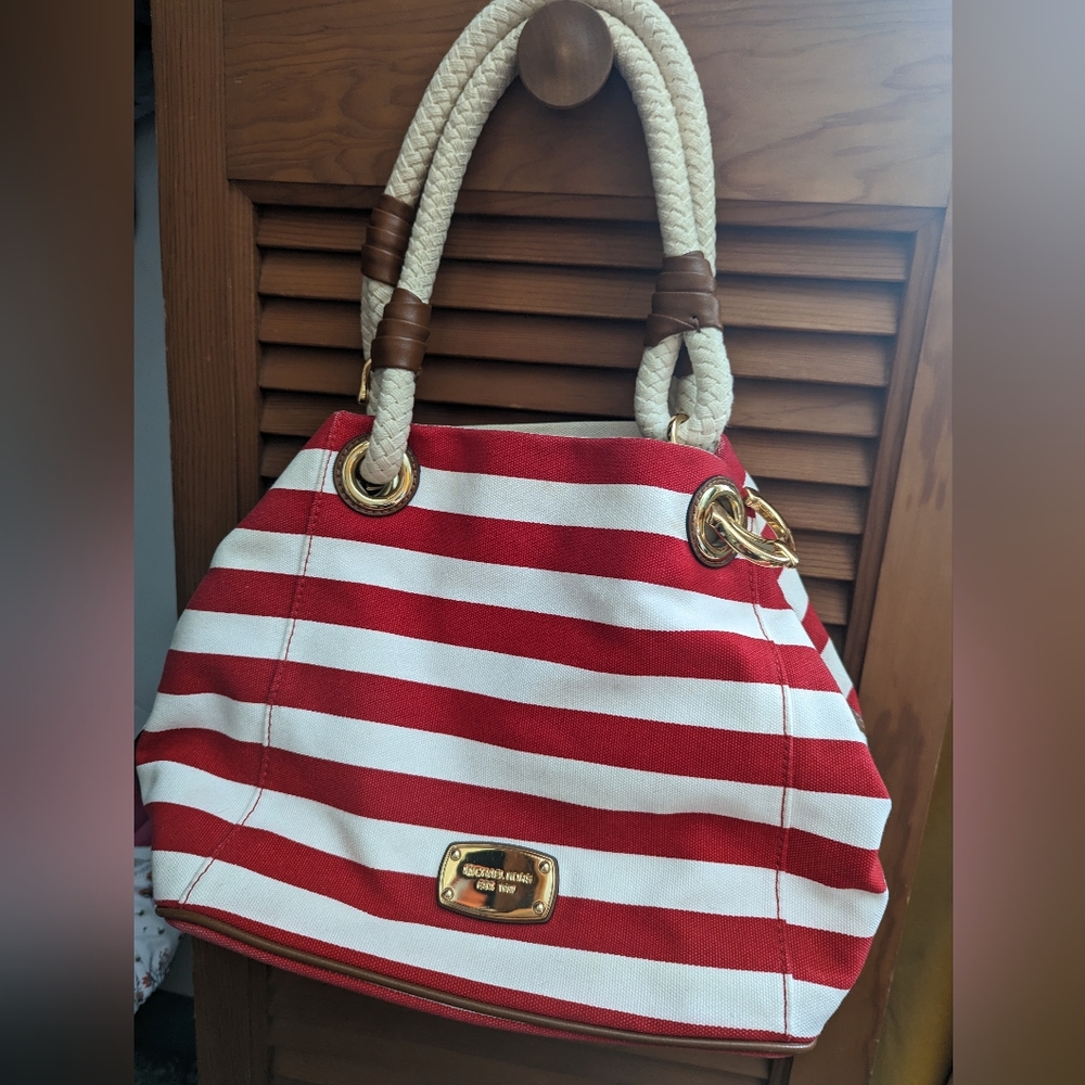 Michael Kors Marina nautical Canvas shoulder bag red and white stripes